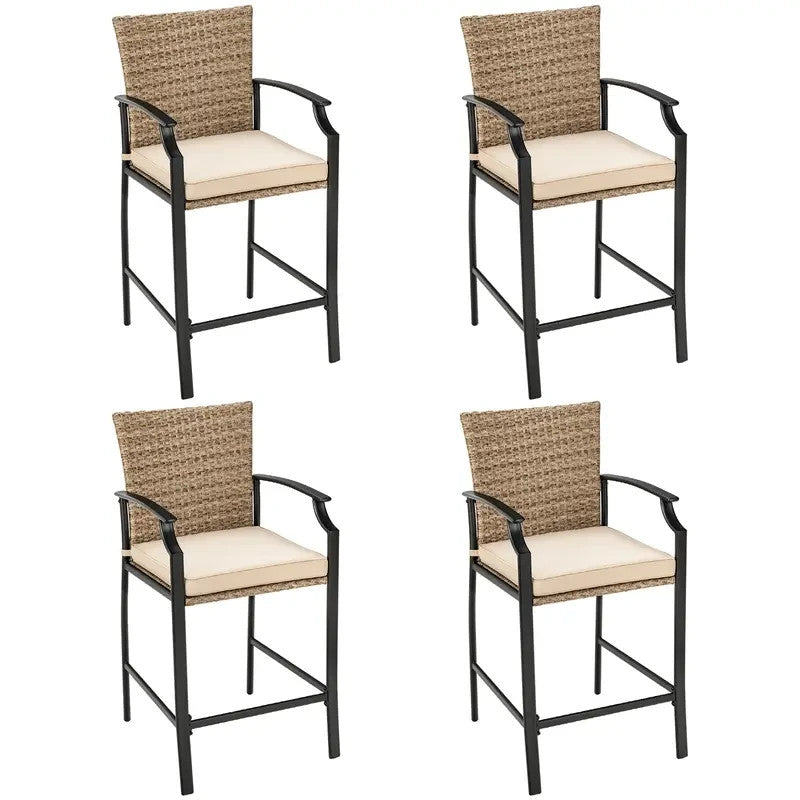4x Outdoor Rattan Bar Stools with Cushions High Backrest Garden Patio
