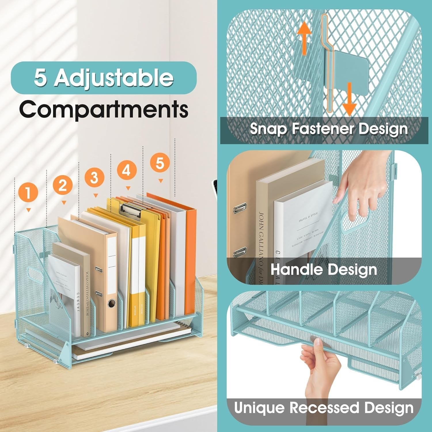 4-Tier Desktop File Organizer with Adjustable Compartments & Letter Tray, Sea Gr