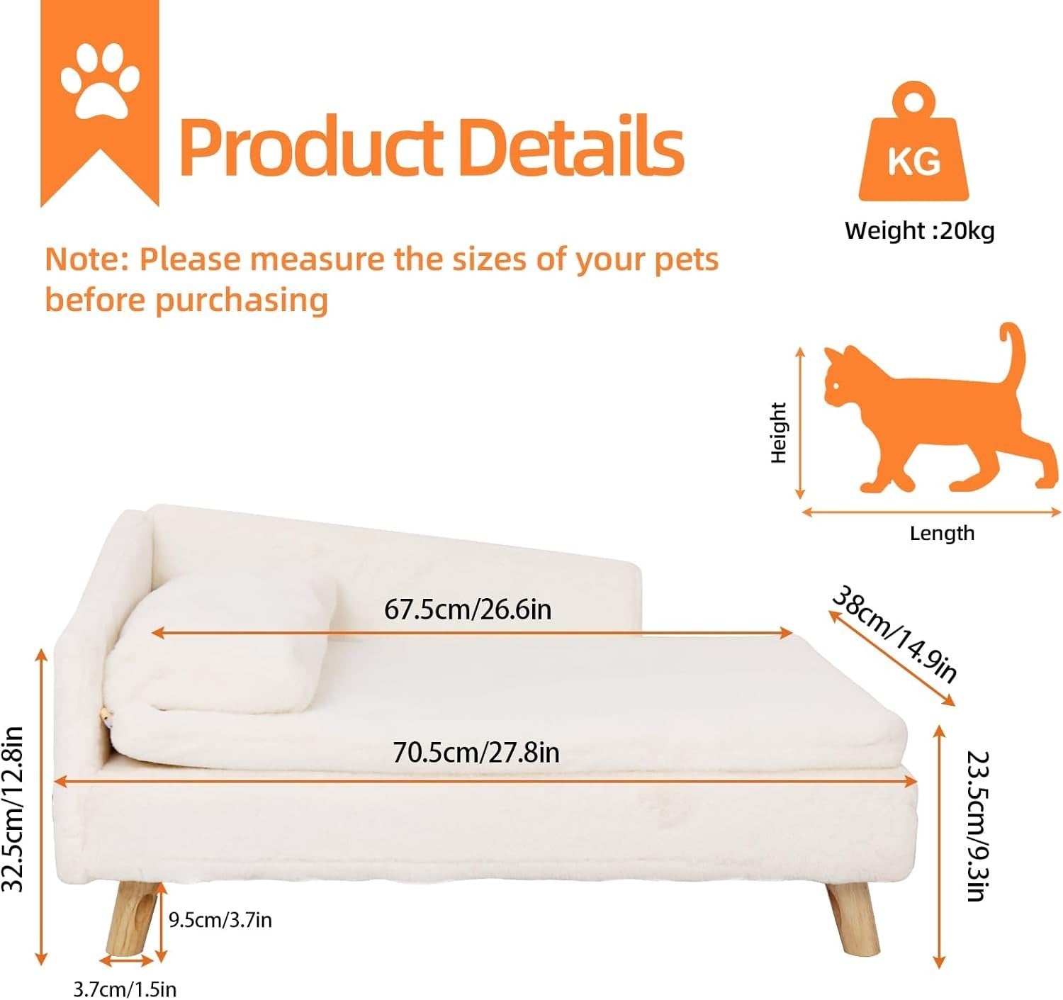Elevated Dog Sofa Bed L Shaped Pet Lounger Plush Cushion Wooden Legs