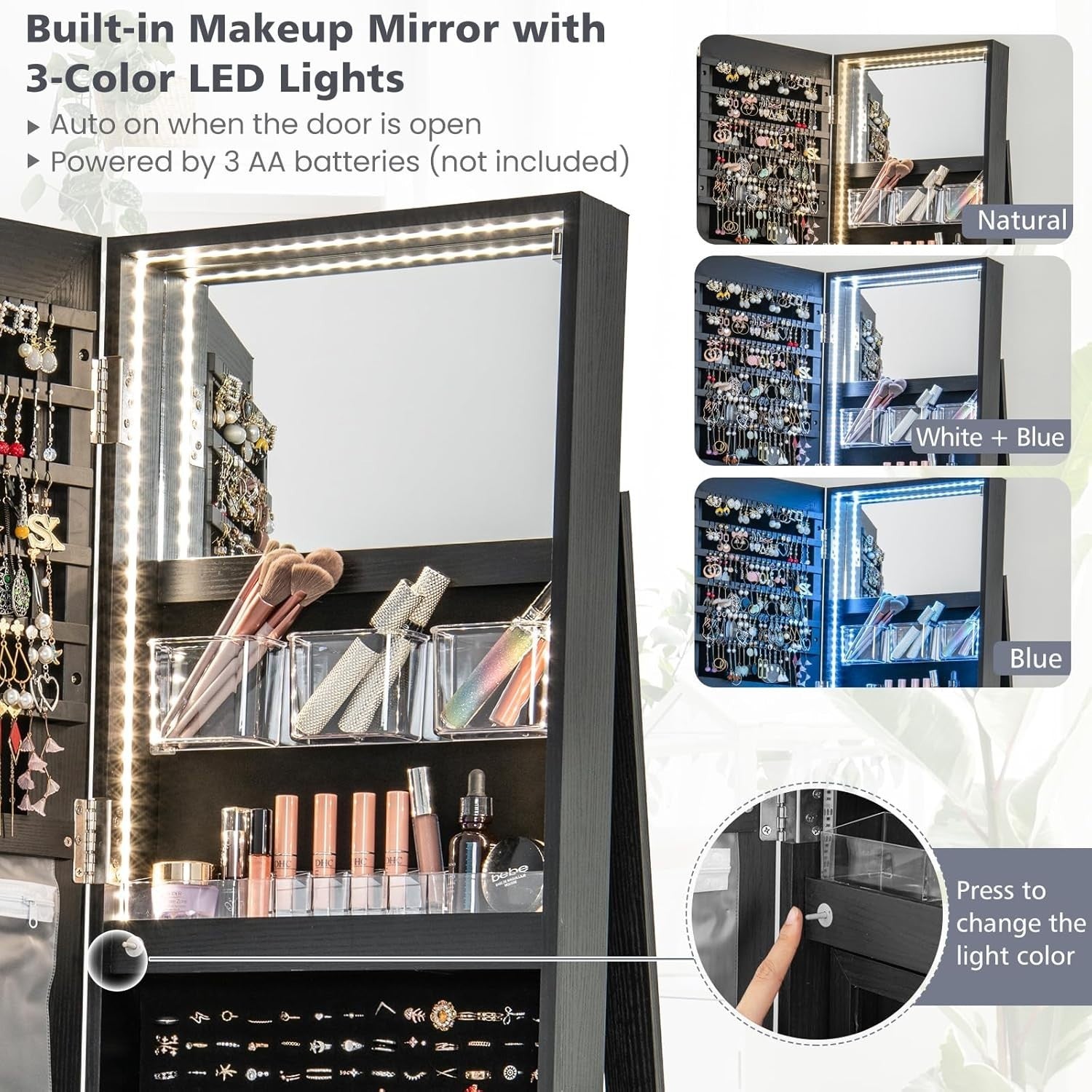 Black 360° Swivel LED Jewelry Cabinet Mirror Lockable 3-Color Storage