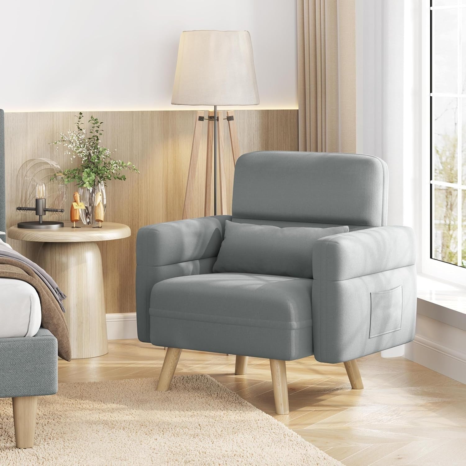 Light Gray Tub Chair with Side Pockets & Lumbar Pillow for Small Spaces