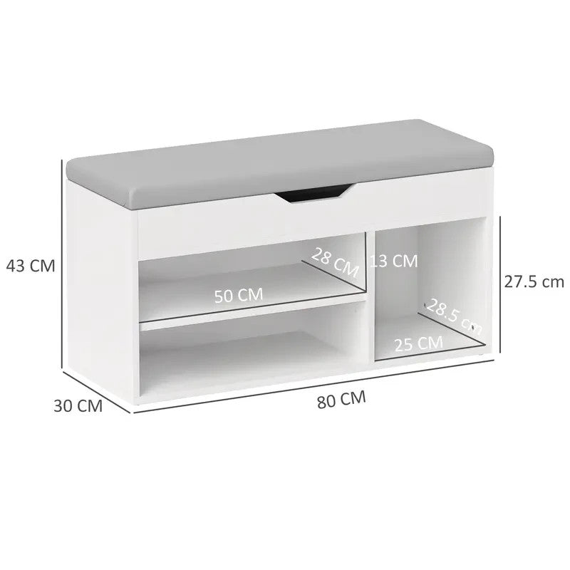 White Shoe Storage Bench with Seat Cushion & Hidden Shelves 80cm