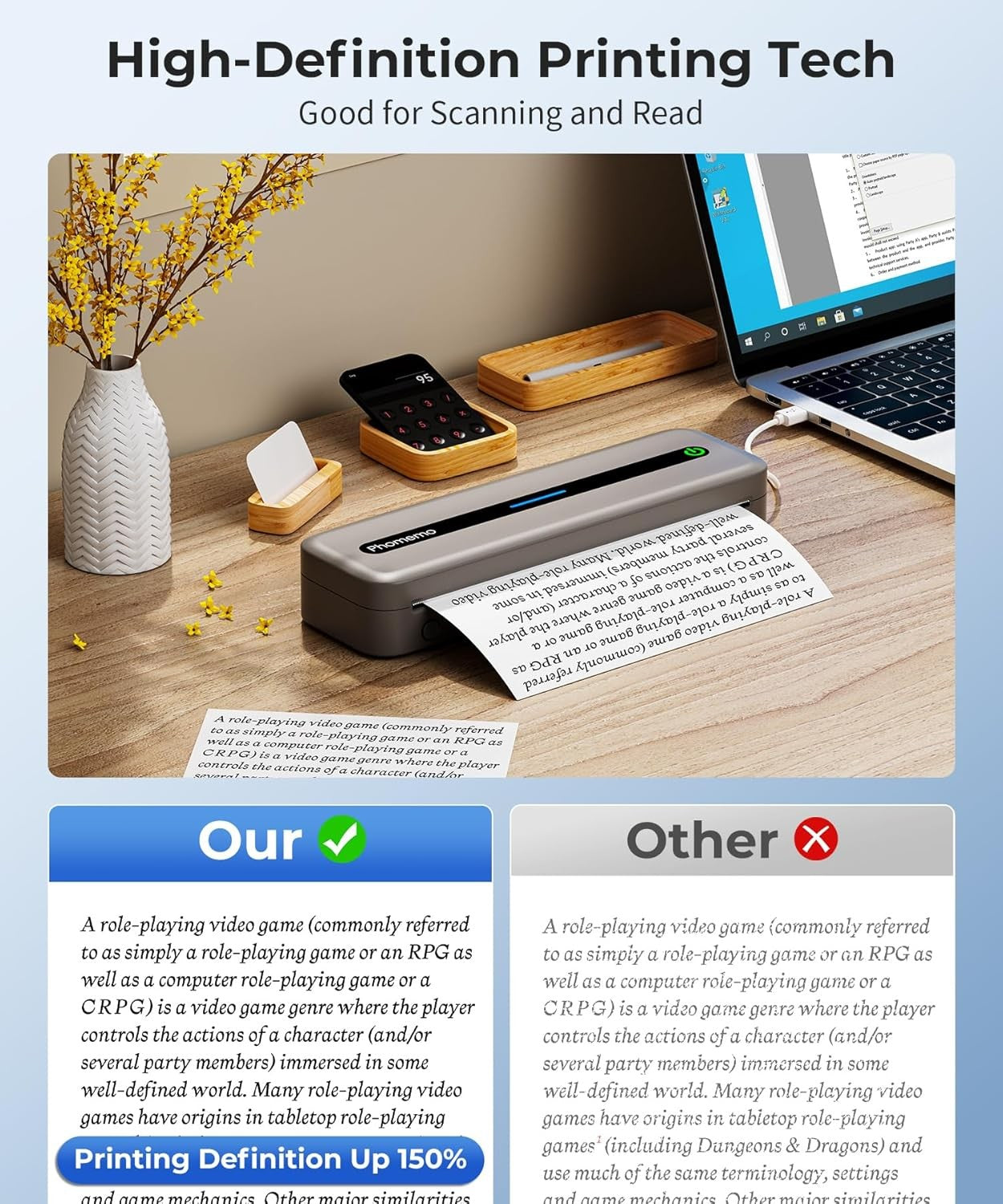 A4 Portable Thermal Printer 300DPI Bluetooth Inkless Grey