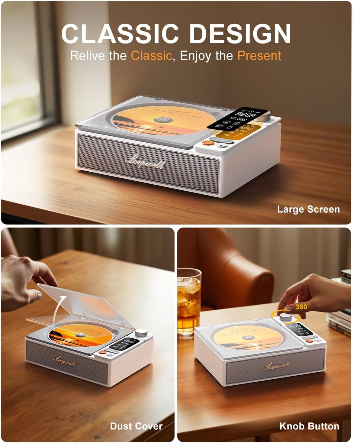 Rechargeable Bluetooth CD Player HiFi Speakers FM USB Optical Remote White