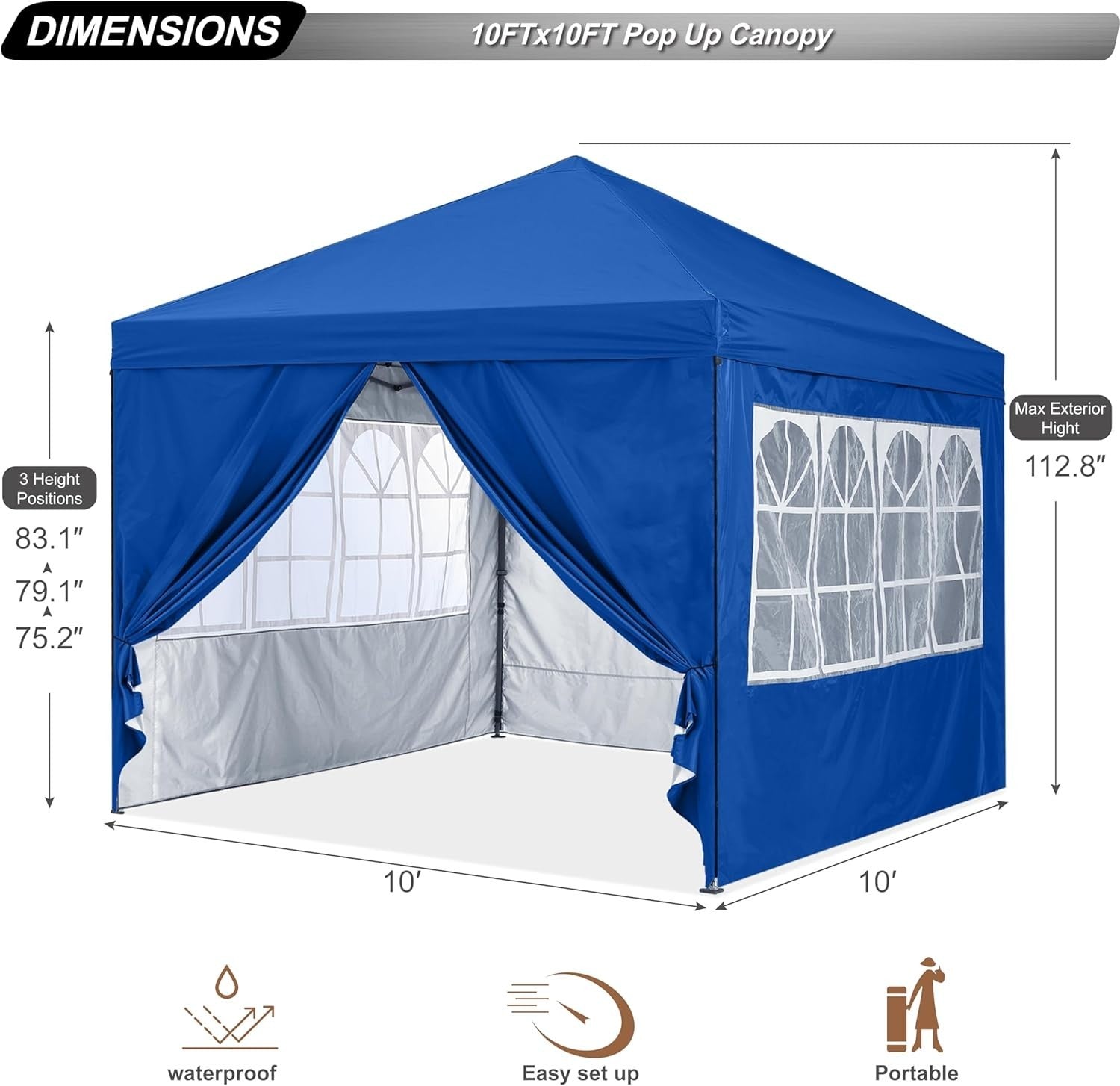 3x3M Blue Pop Up Gazebo With 4 Church Windows Waterproof Outdoor Tent