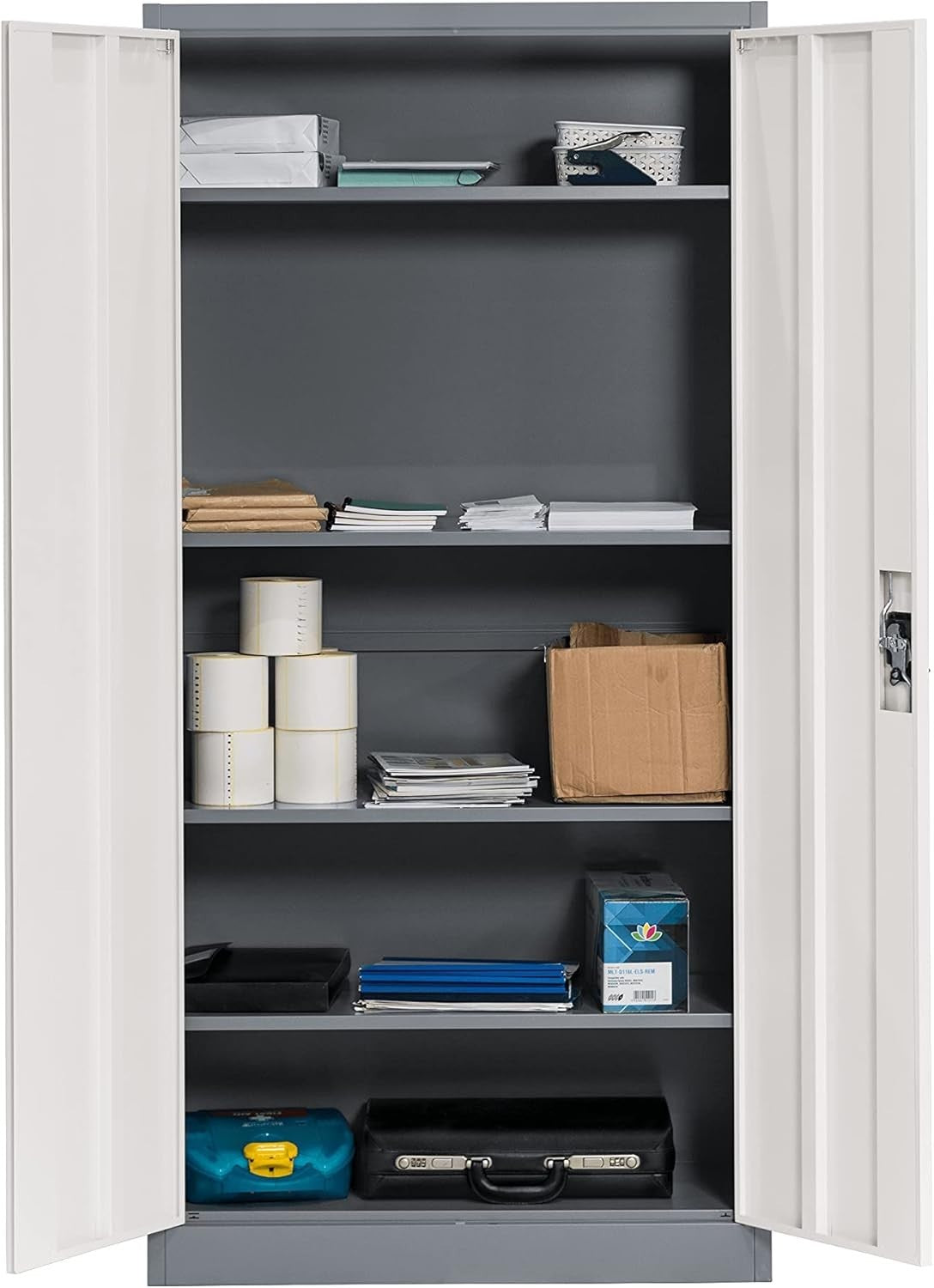 Heavy Duty Steel Storage Cabinet Lockable 4 Adjustable Shelves Grey Office
