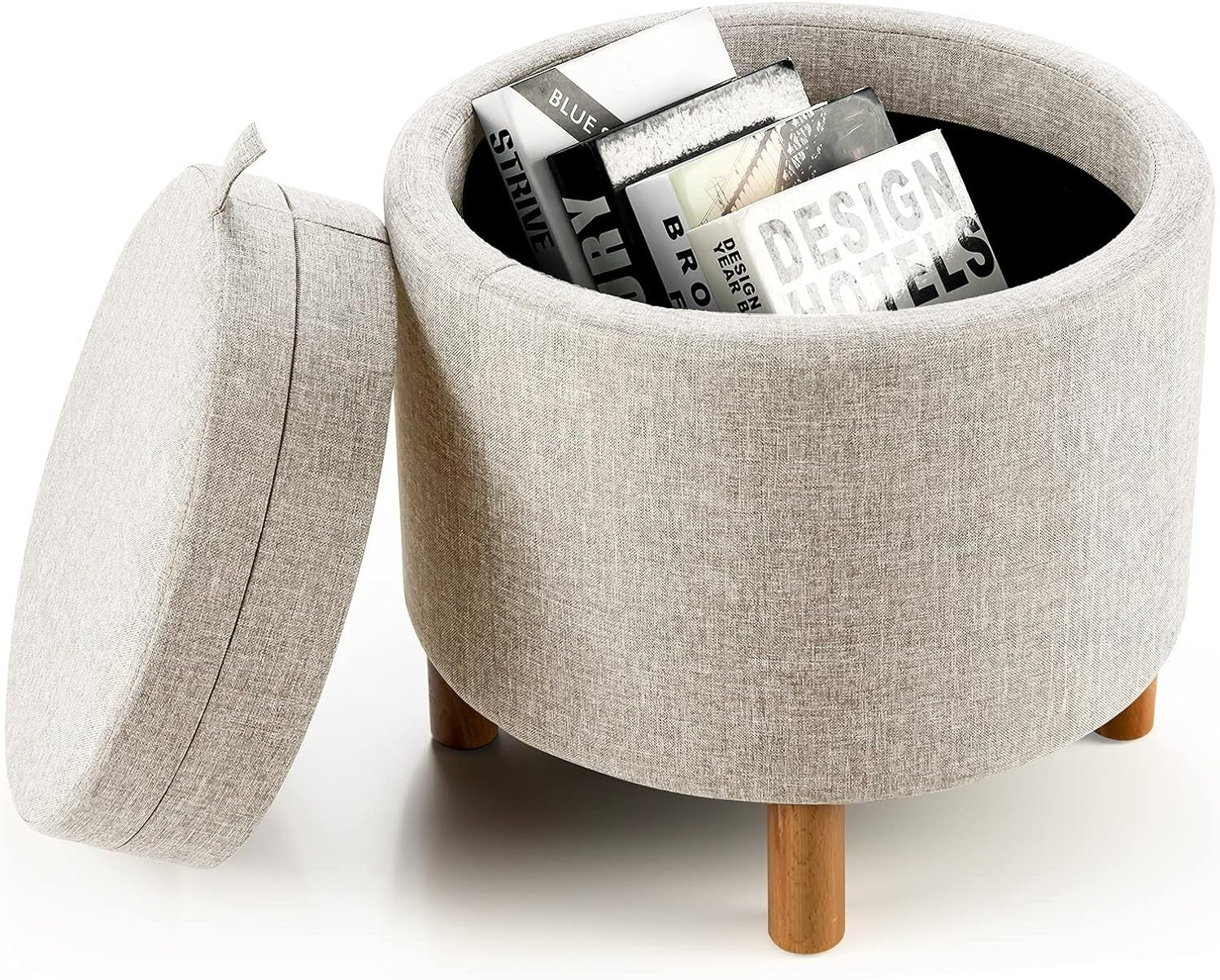 Beige Linen Round Storage Ottoman Stool 4-in-1 Footrest Tray Top Seat
