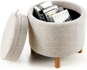 Beige Linen Round Storage Ottoman Stool 4-in-1 Footrest Tray Top Seat