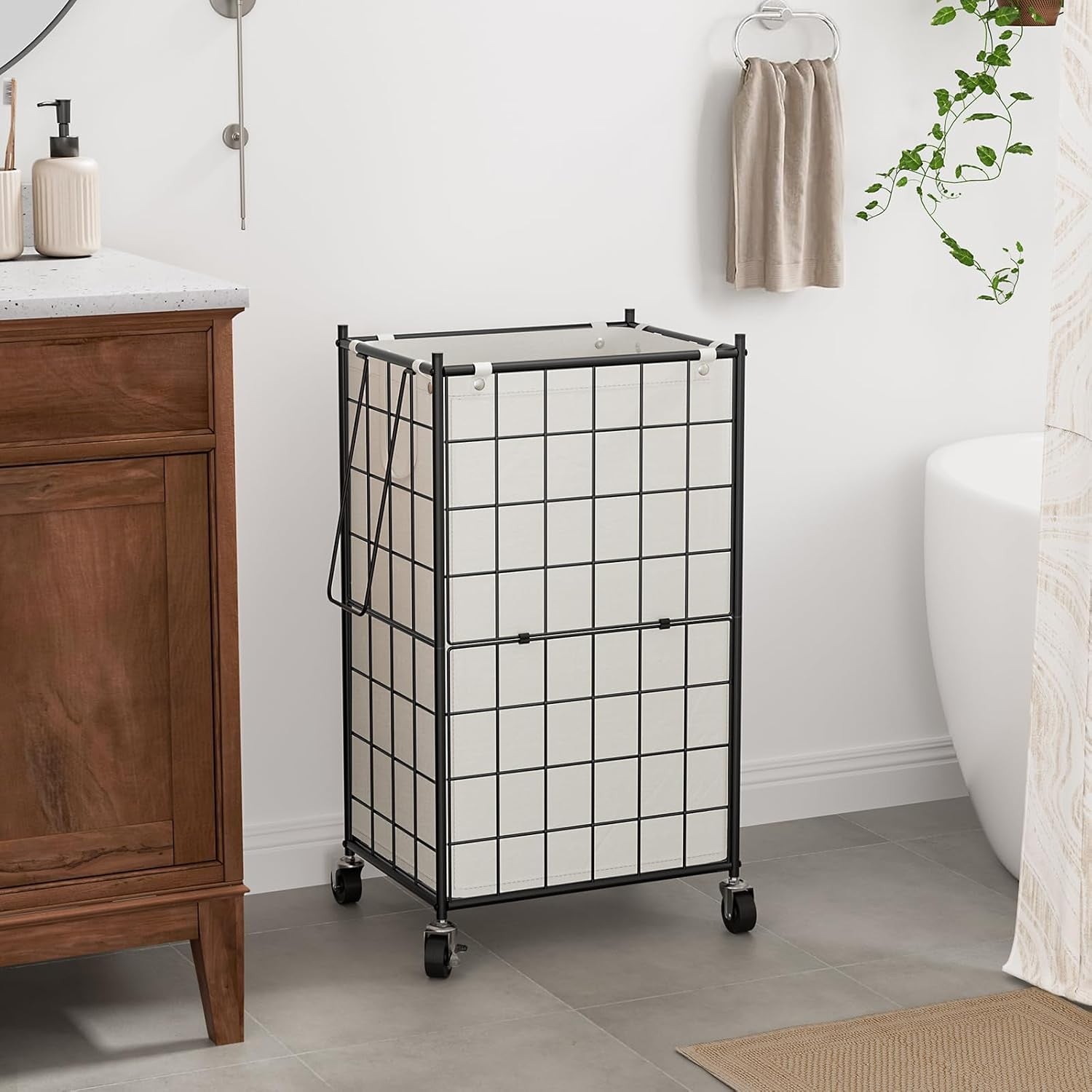 100L Rolling Laundry Hamper with Wheels & Removable Bag Metal Frame Black White