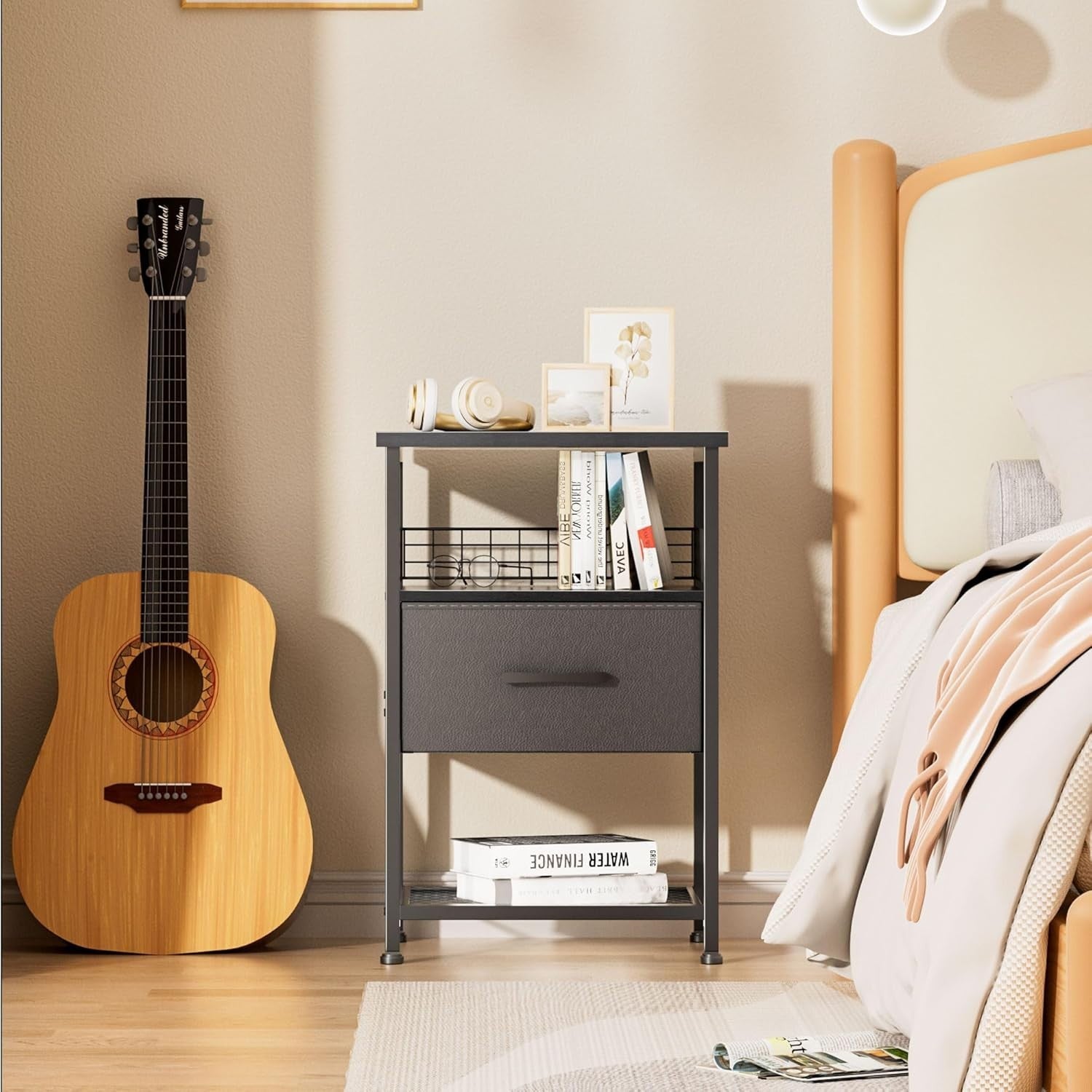 Set of 2 Modern Black Bedside Tables with Drawers & Shelves – 3-Tier Nightstands