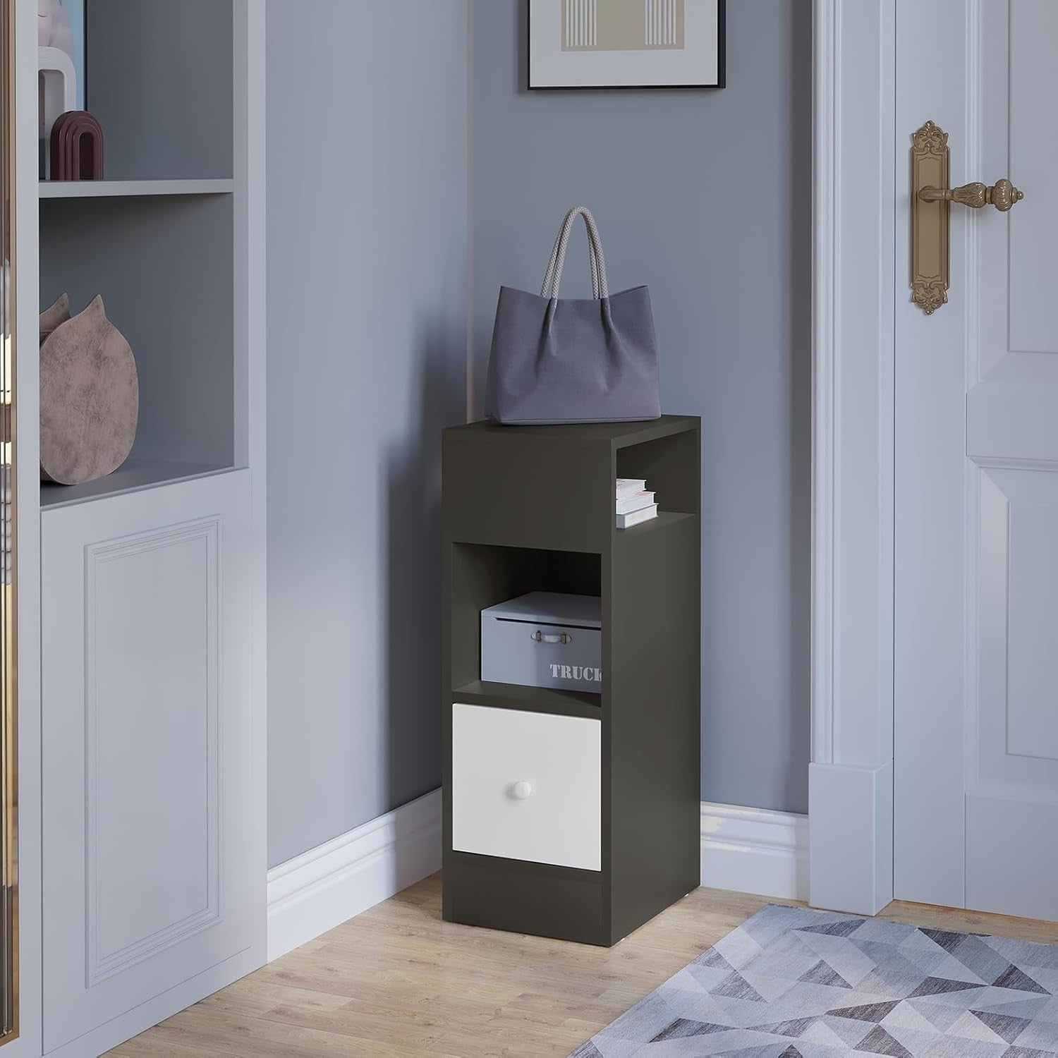 Set of 2 Slim Dark Grey Bedside Tables with Drawer & Open Shelves 25x30x66cm