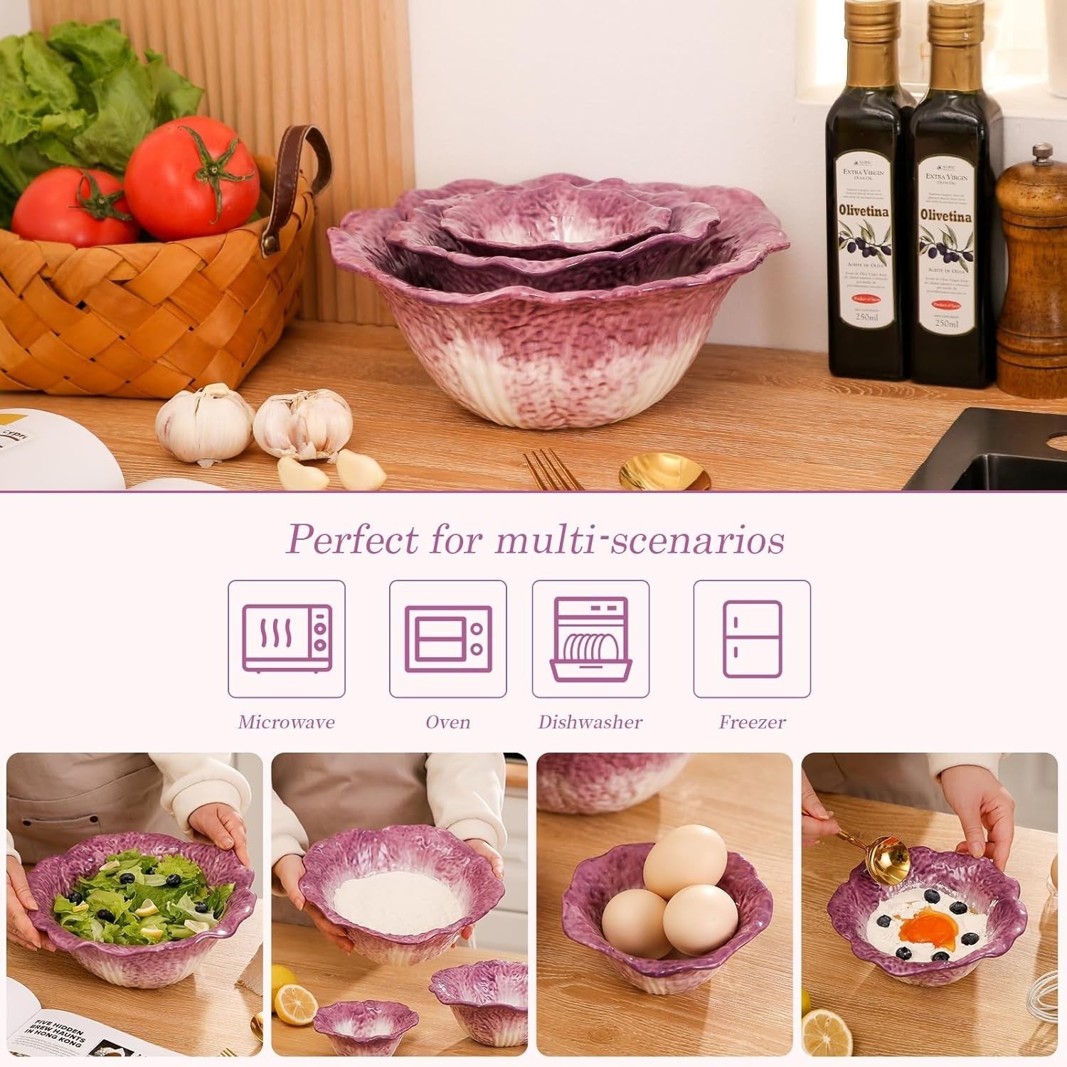 Purple Ceramic Salad Bowl 60oz Hand-Painted Durable Kitchen
