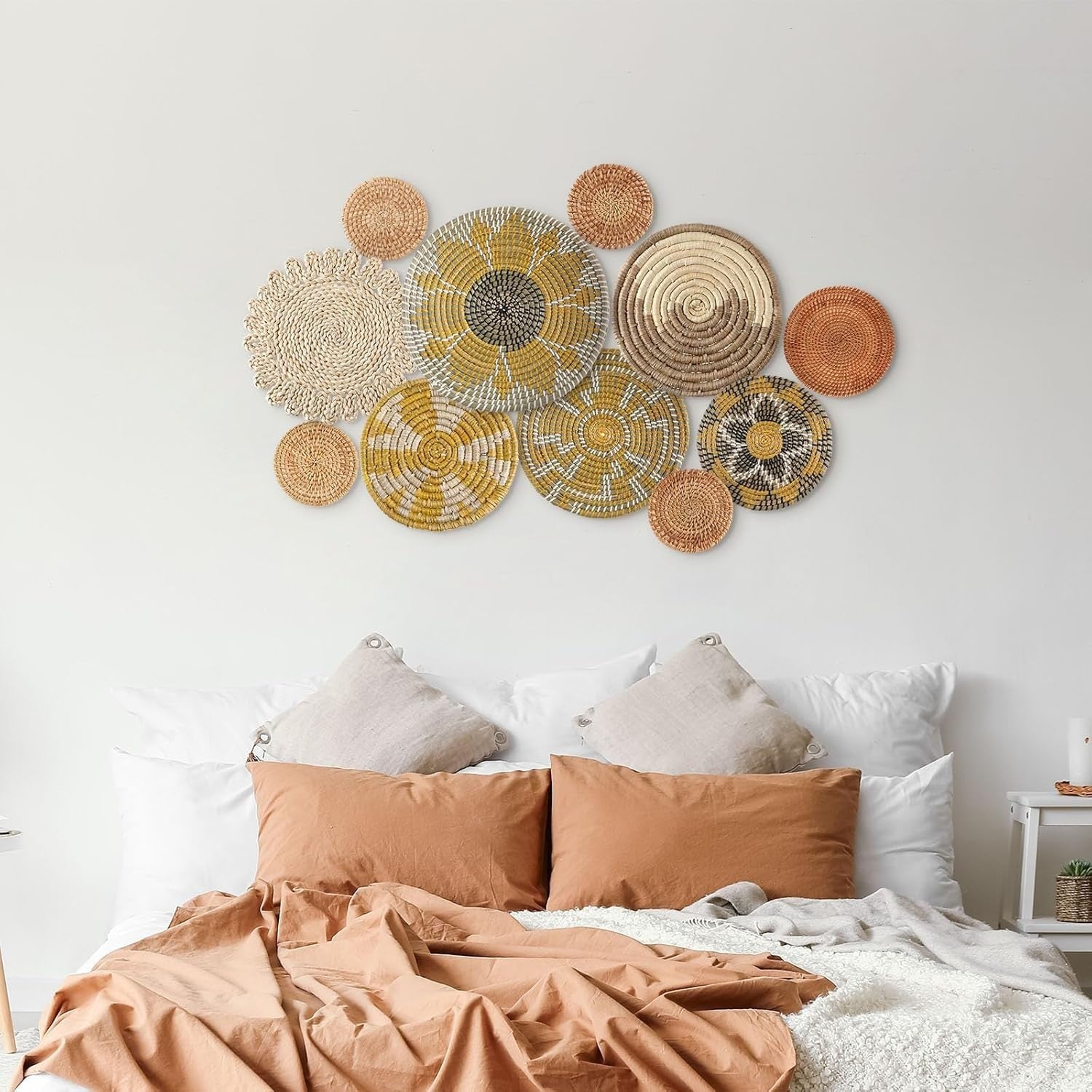 Boho Wall Basket Decor 11pcs Multi-Size Bulrush Rustic Lively