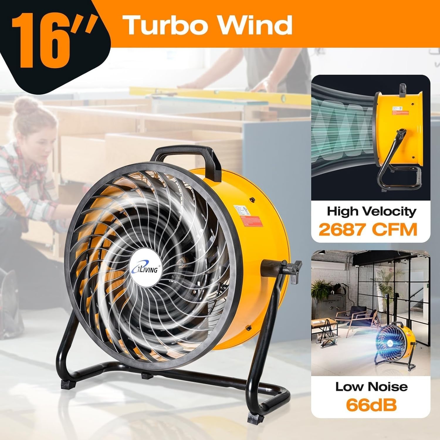 16" Turbo Floor Fan Yellow 3-Speed High Velocity Adjustable Tilt Air Circulator