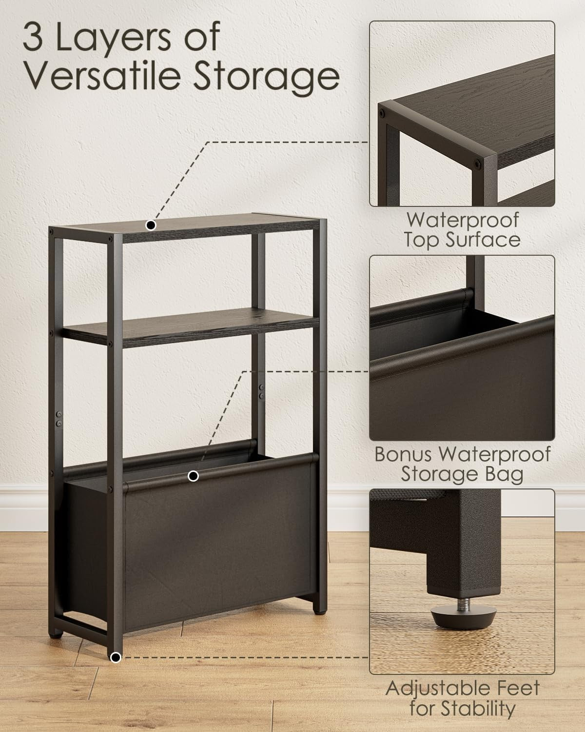 Slim Black Side Table with Storage, Space-Saving Design for Small Spaces