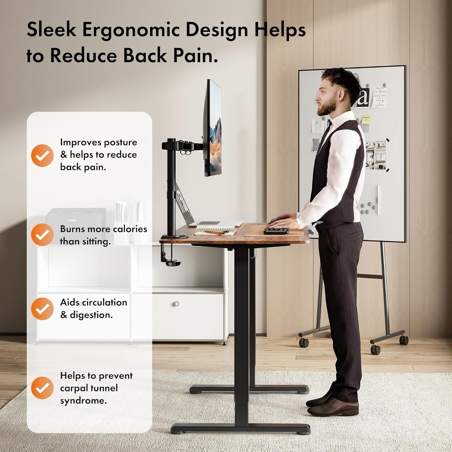 Rustic 120x60cm Electric Standing Desk with USB-C Charging & Memory Preset