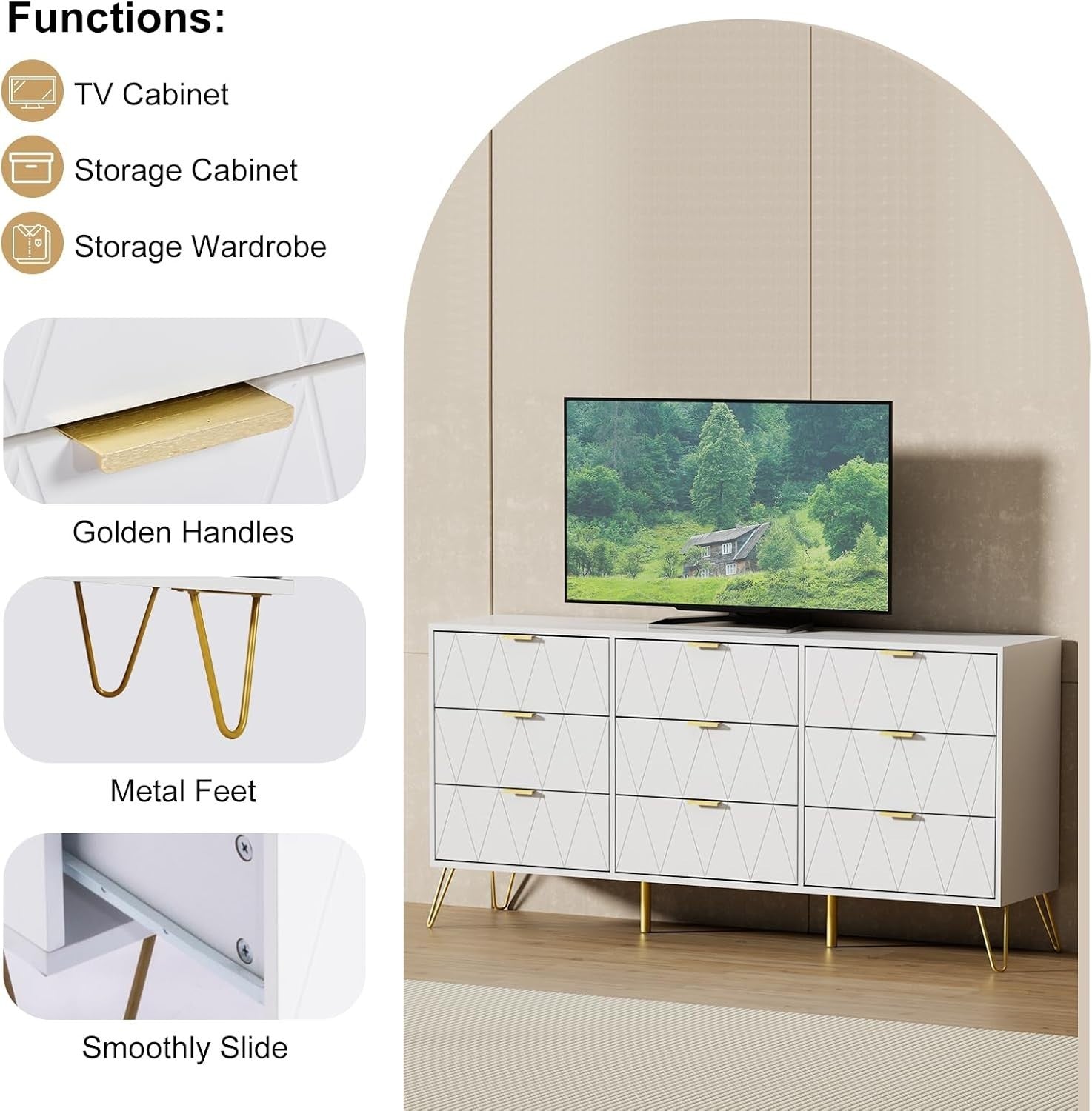 White 9 Drawer Dresser Cabinet Modern Wide Storage Unit for Bedroom Hallway