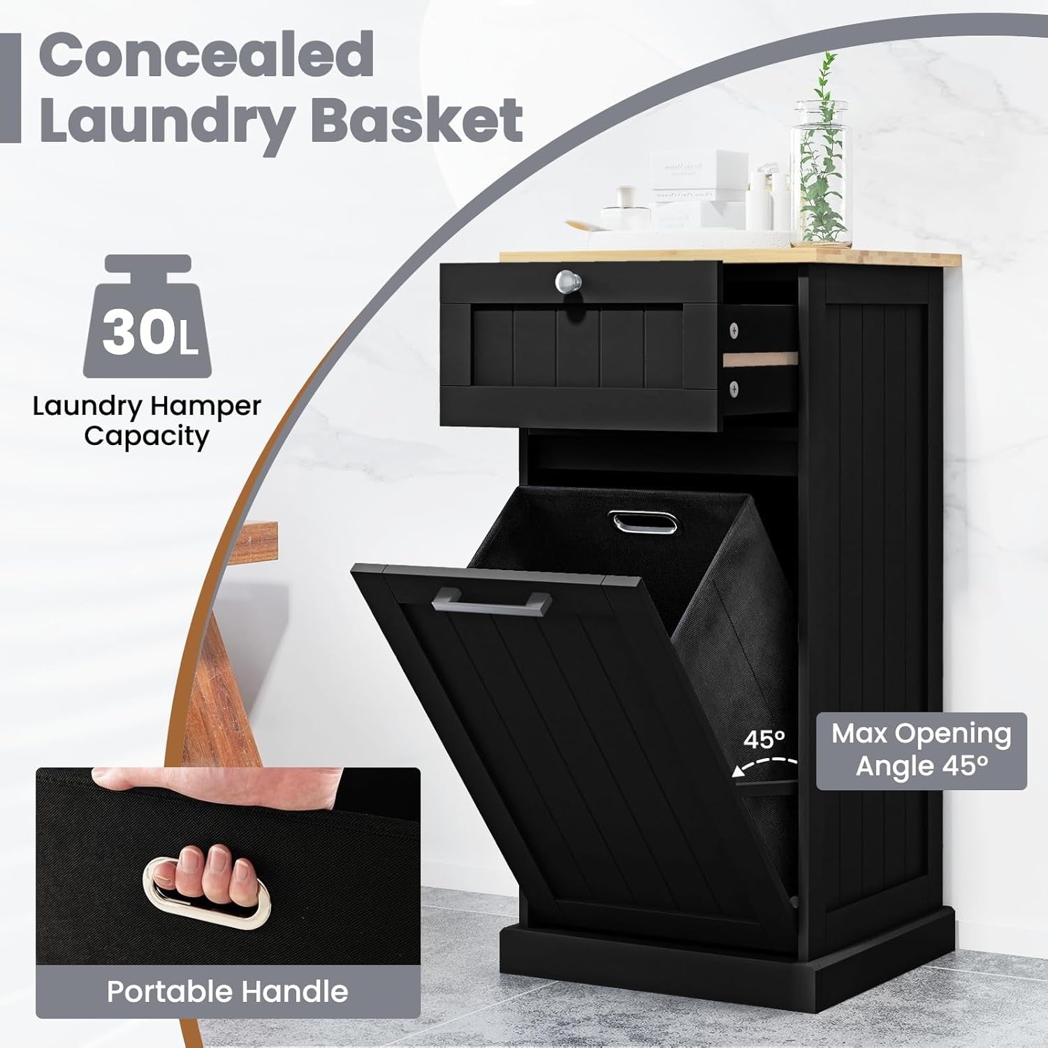 Black Tilt-Out Laundry Cabinet with Drawer & Removable Hamper | Freestanding Bat