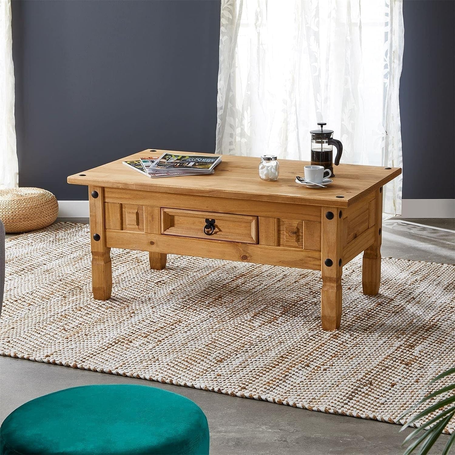 Solid Pine Coffee Table with Drawer & Wax Finish, Rectangular 95x50cm