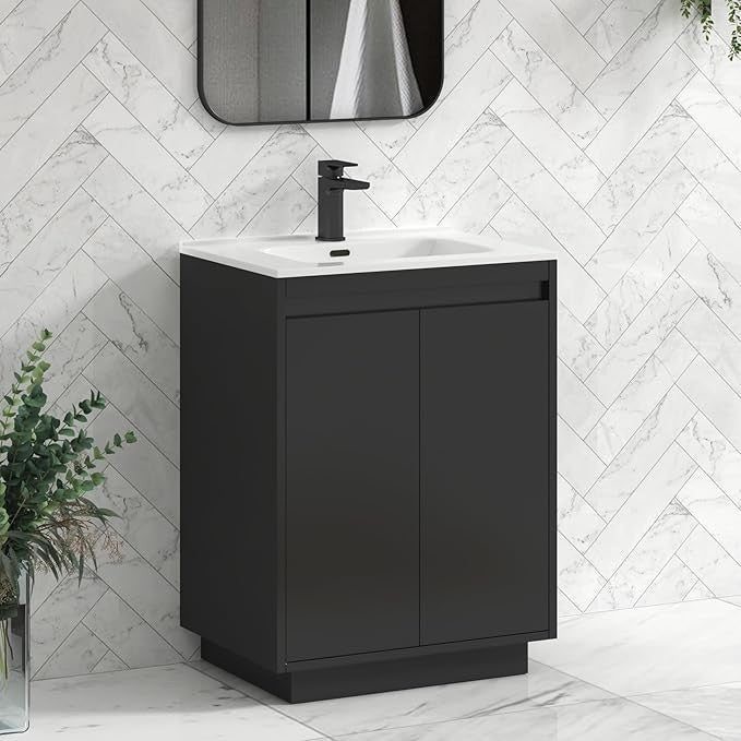 600mm Jet Black Floor Standing Vanity Unit with Basin Sink 2 Door Cabinet