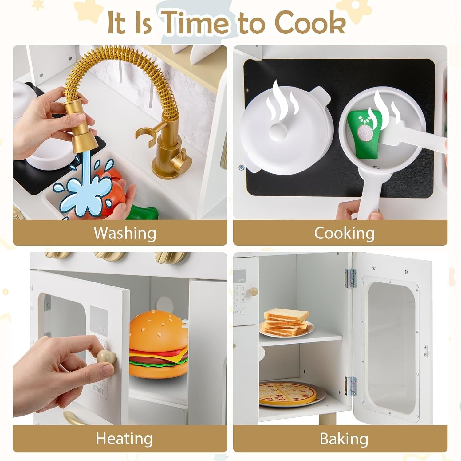 Wooden Kids Play Kitchen White Toy Set Microwave Oven Telephone