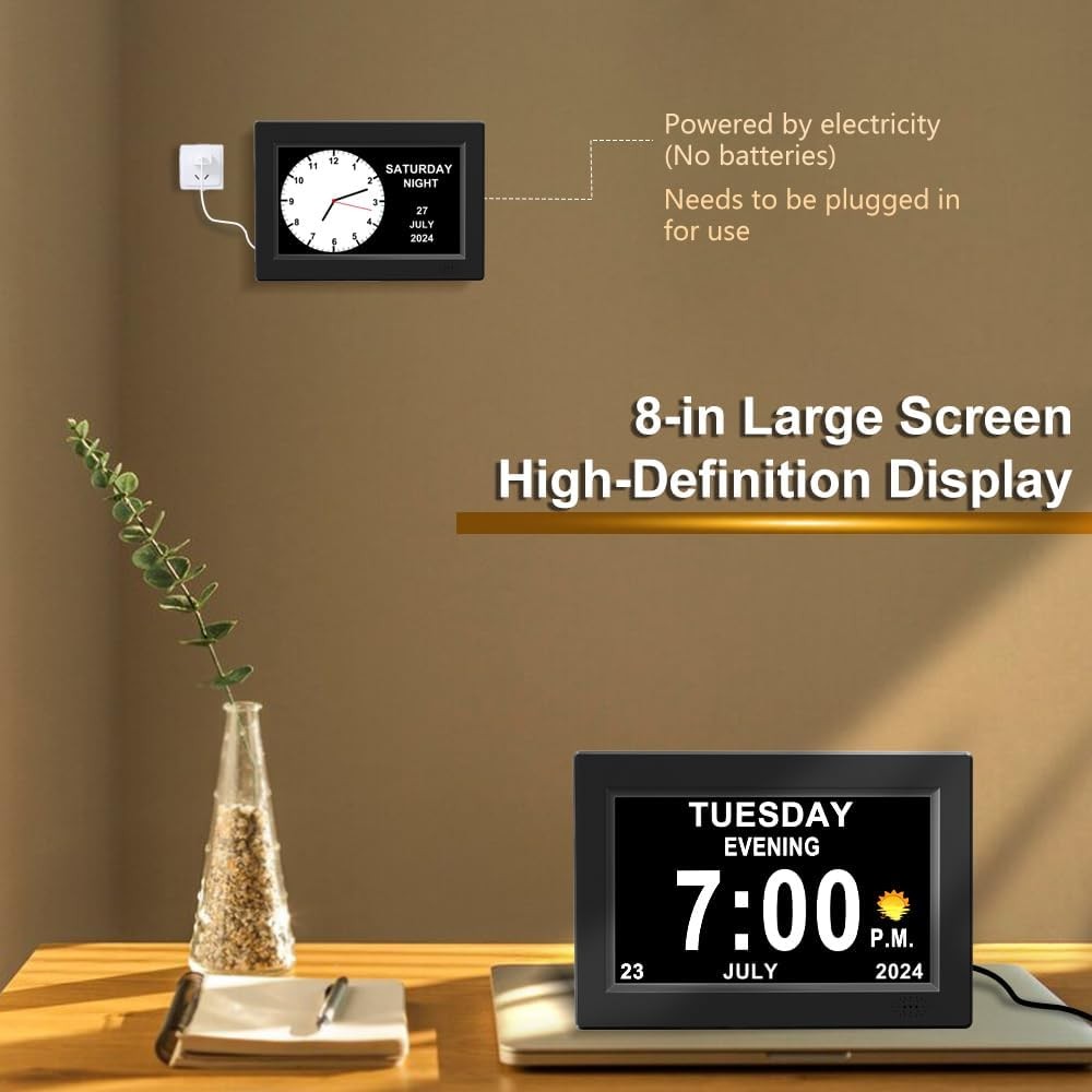 8” Dementia Digital Clock Large Day Display Auto Dimming Elderly