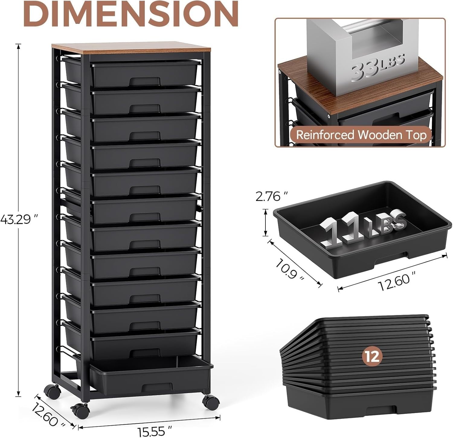 12 Drawer Craft Storage Trolley Rolling Organizer Cart with Wooden Top