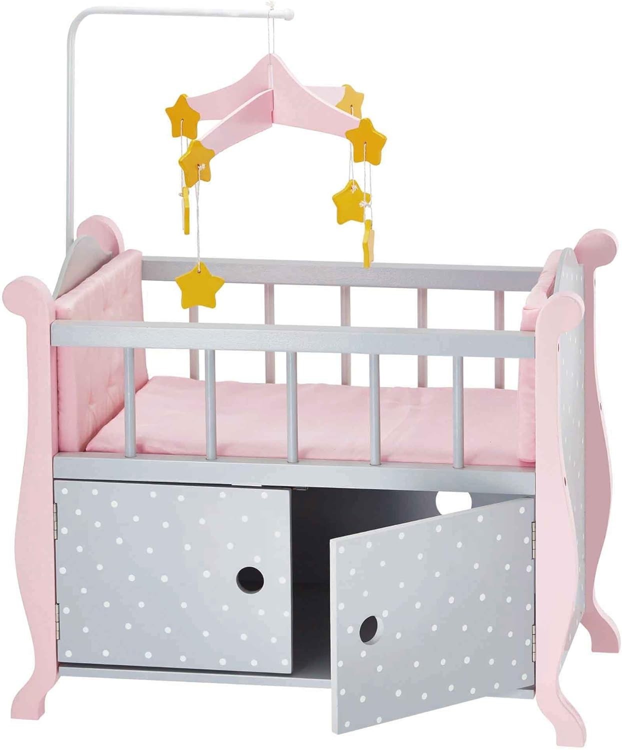 Wooden Baby Doll Cot with Storage Cushion Bedding Mobile Grey Pink 57x31x79cm