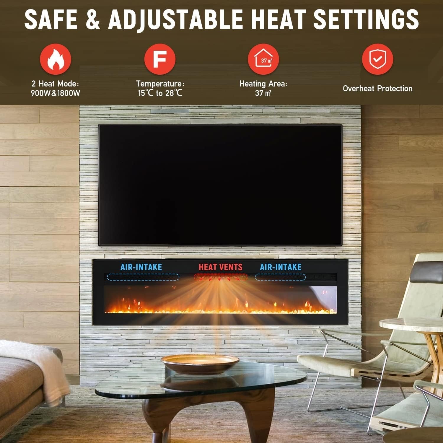 152cm Wall Mounted Electric Fireplace LED Flame Effect Thermostat Heater