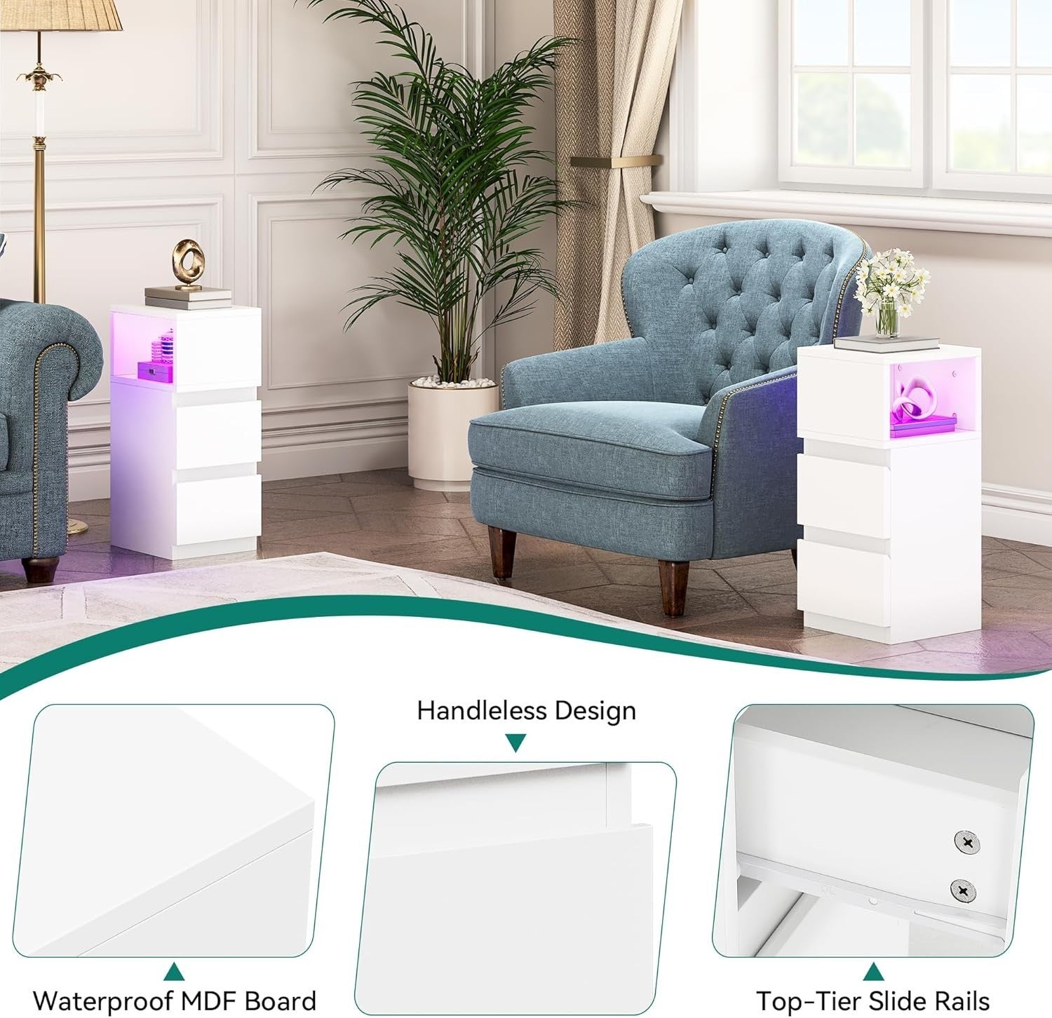 Slim LED Bedside Table with 2 Drawers – Modern White Nightstand Open Storage