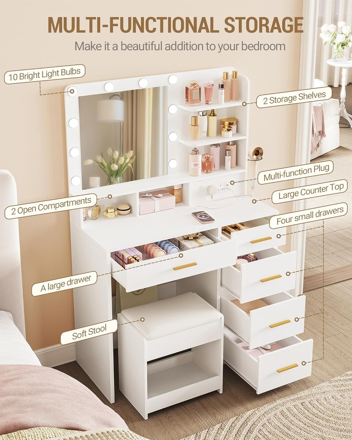 White Vanity Dressing Table Set LED Mirror Power Outlet 5 Drawers Stool Storage