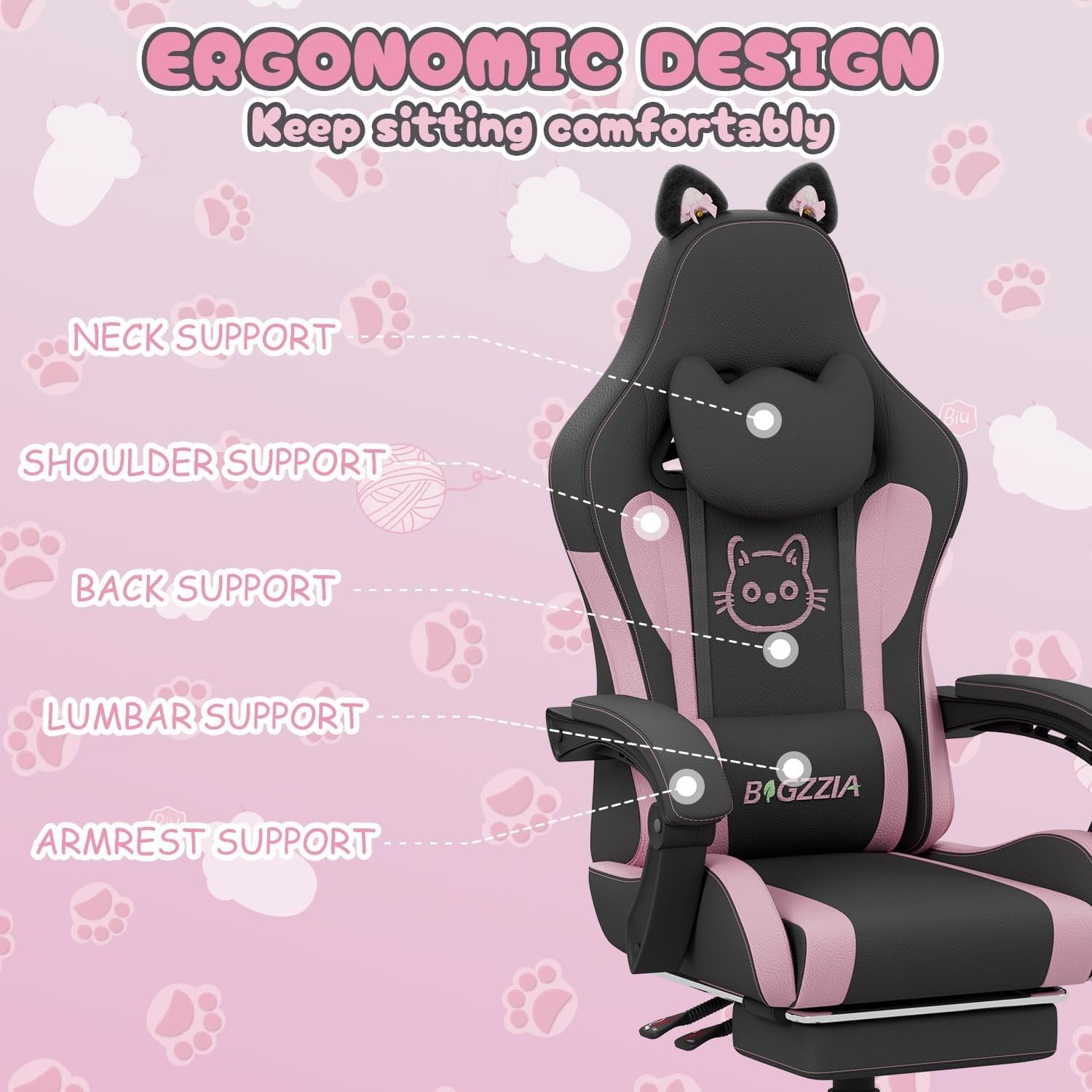 Cute Gaming Chair Cat Ears Massage Footrest Pink Black