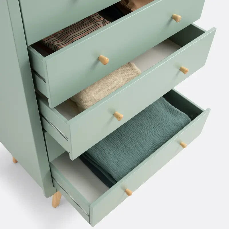 Tall 5-Drawer Chest Grey-Green Dresser 86 cm Bedroom Storage Pine Legs