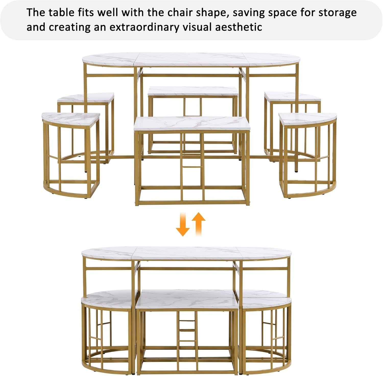 Luxury 6-Seater Dining Table Set with Marble Top & Gold Iron Frame - Modern Chic