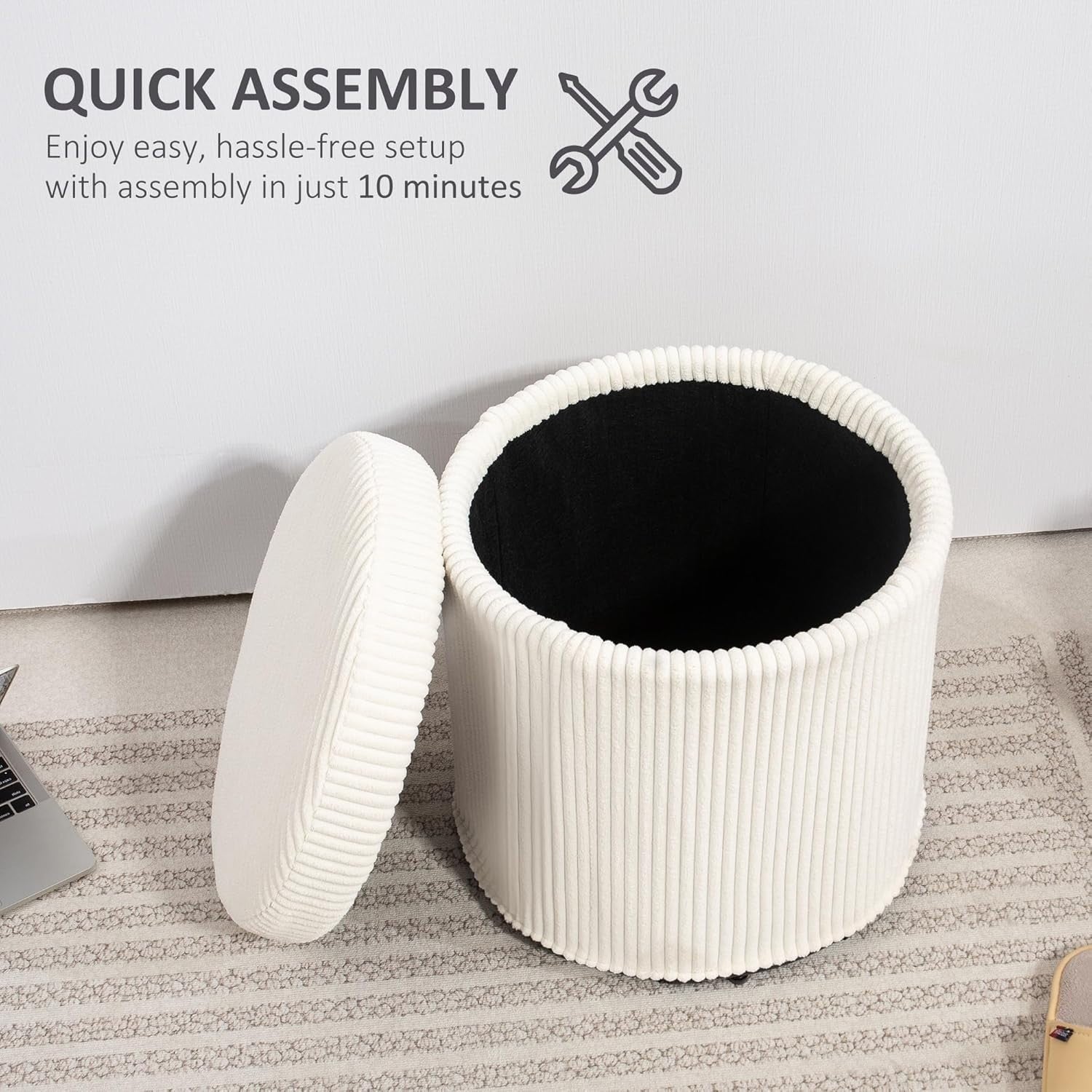 Beige Corduroy Storage Ottoman Round Footstool 40cm Padded Seat with Legs