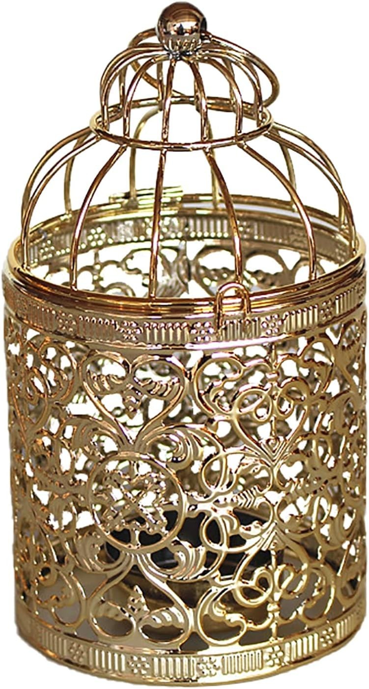 Decorative Hanging Lantern – Bird Cage Metal Candle Holder (B Gold)