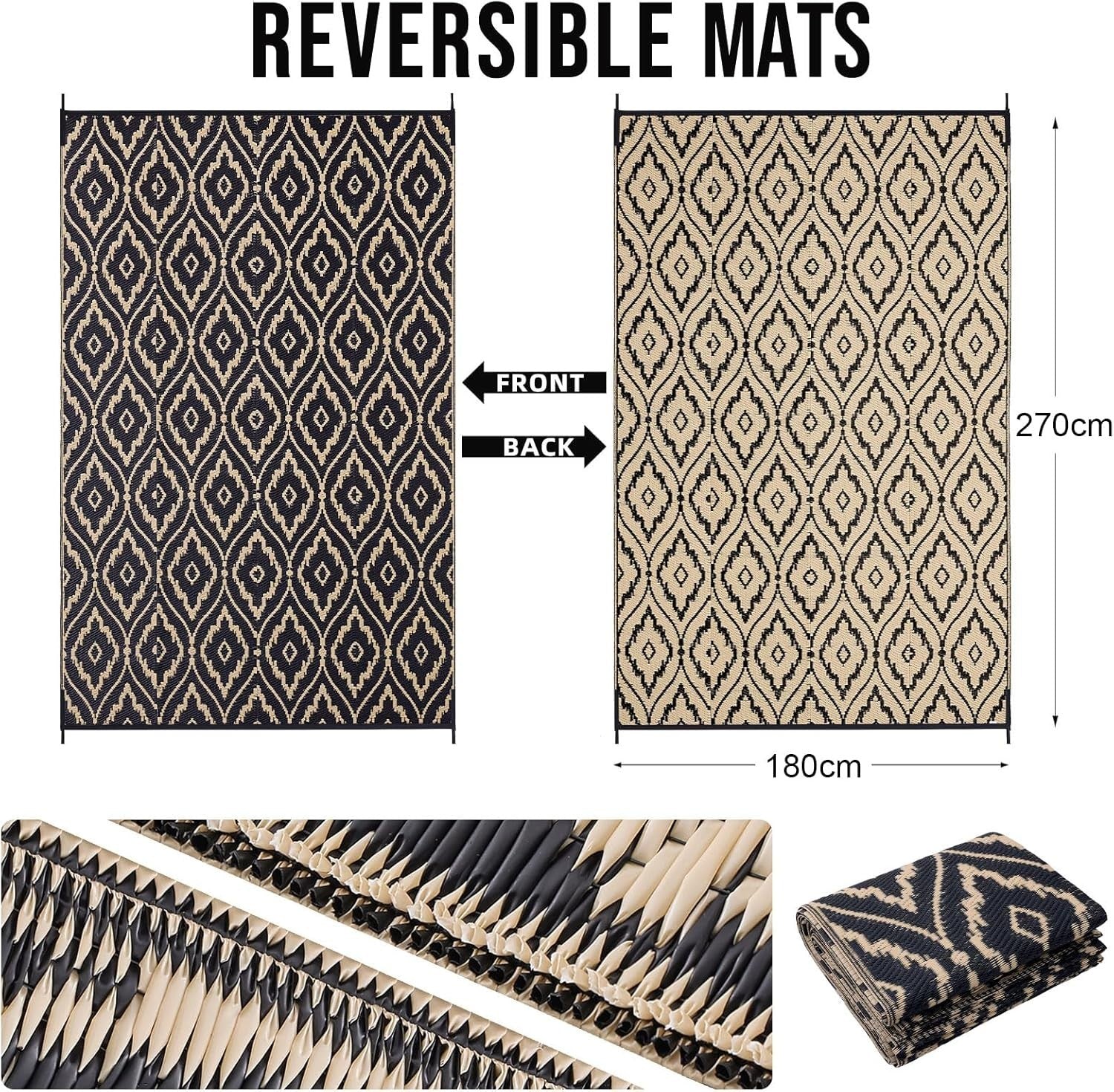 Large Waterproof Outdoor Rug 180x270cm Reversible UV Patio Garden Camping Mat