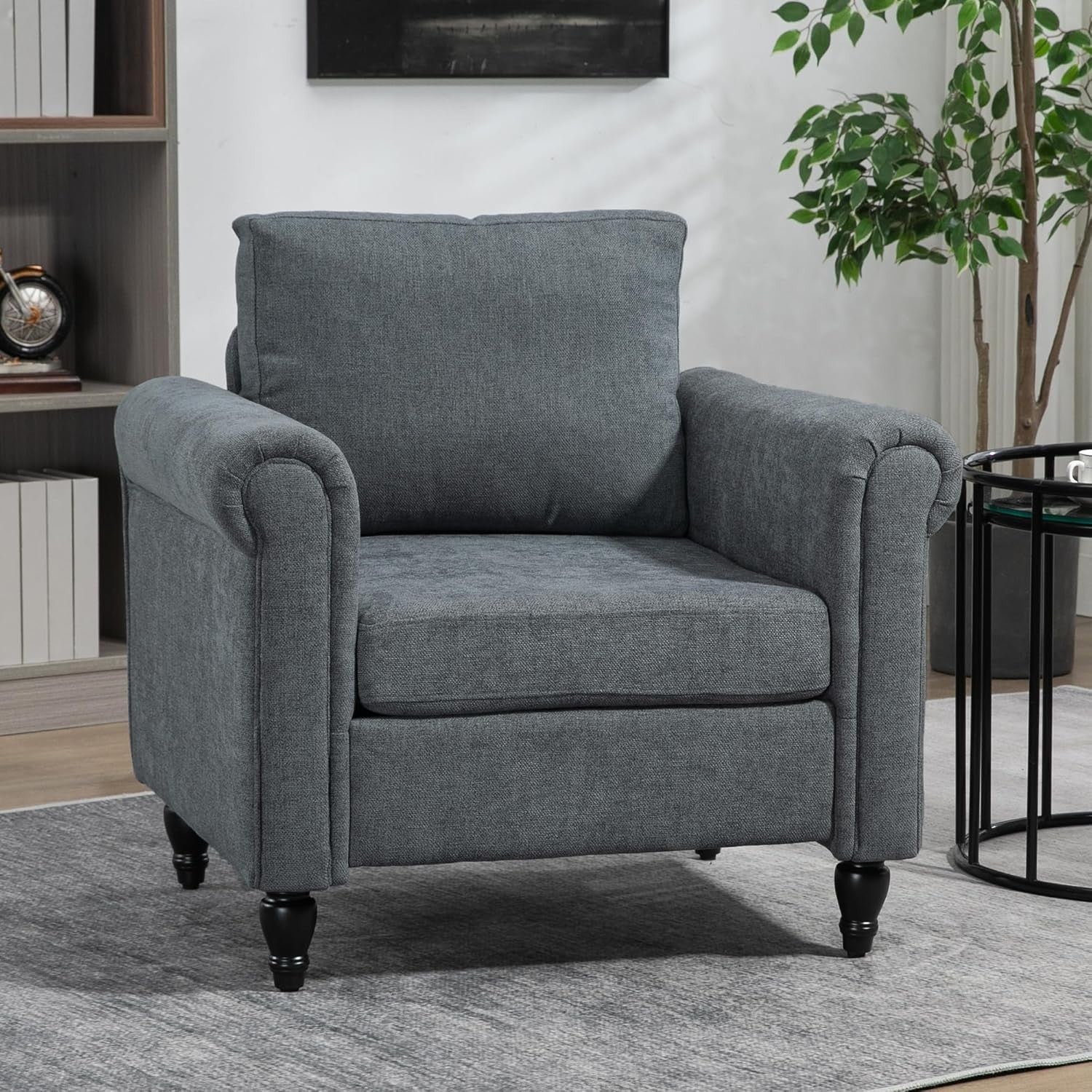 Dark Grey Upholstered Accent Armchair with Back Pillow & Rubber Wood Legs