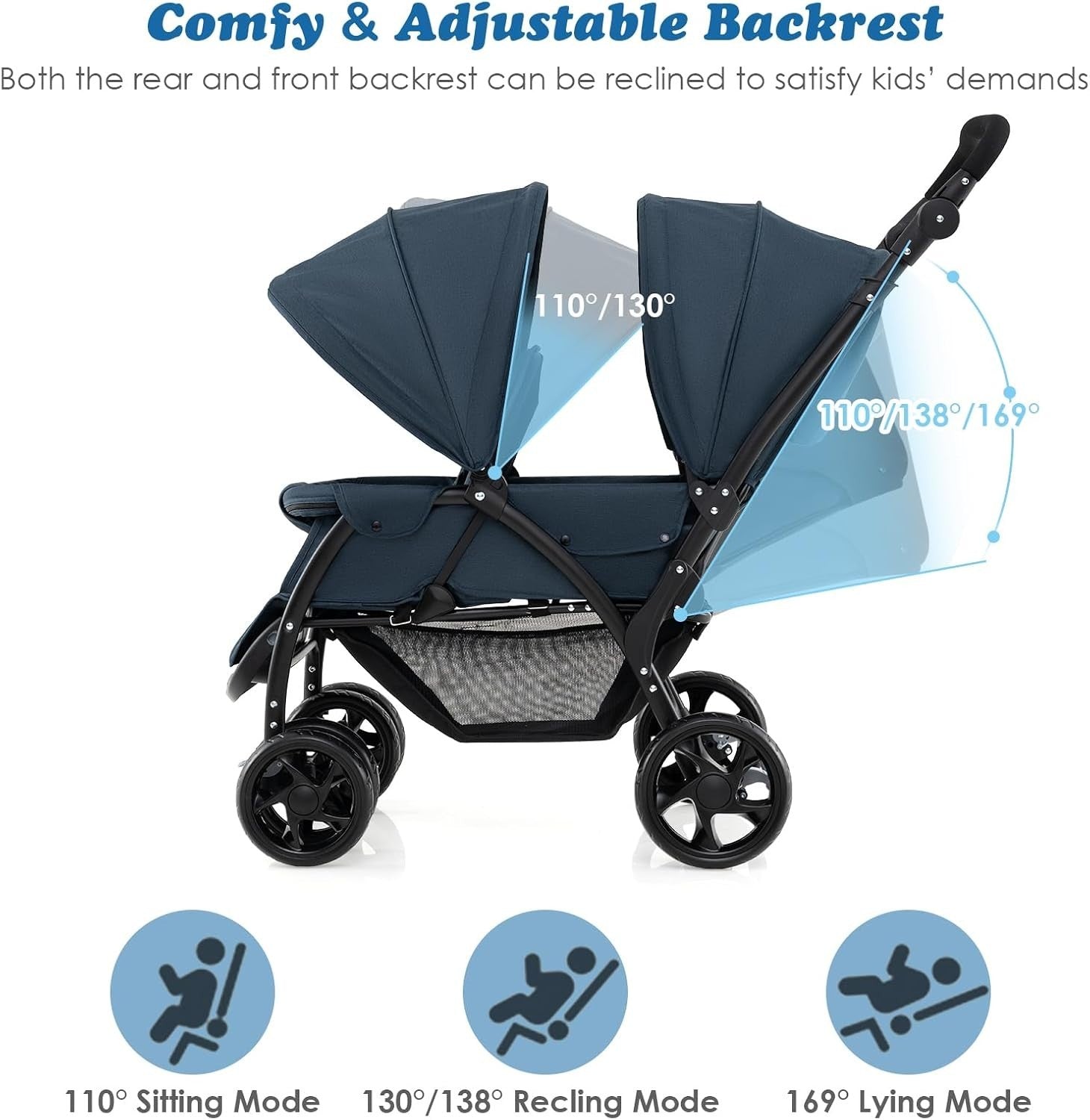 Twin Tandem Baby Stroller Navy Foldable Double Seat 5-Point Harness Sunshade