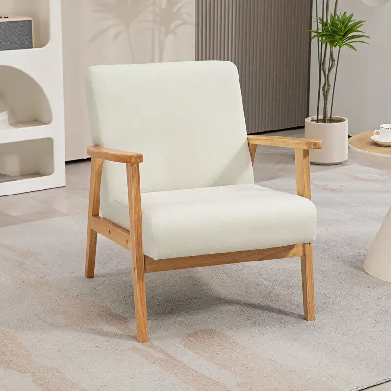 Cream Linen Accent Armchair with Wooden Frame for Living Room or Office