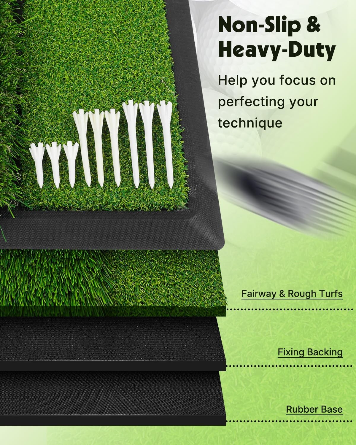 2 in 1 Golf Hitting Mat Practice Turf Non Slip Base 44cm