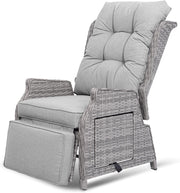 Rattan Recliner Sun Lounger Chair w/ Cushions & Flip Table – Light Grey