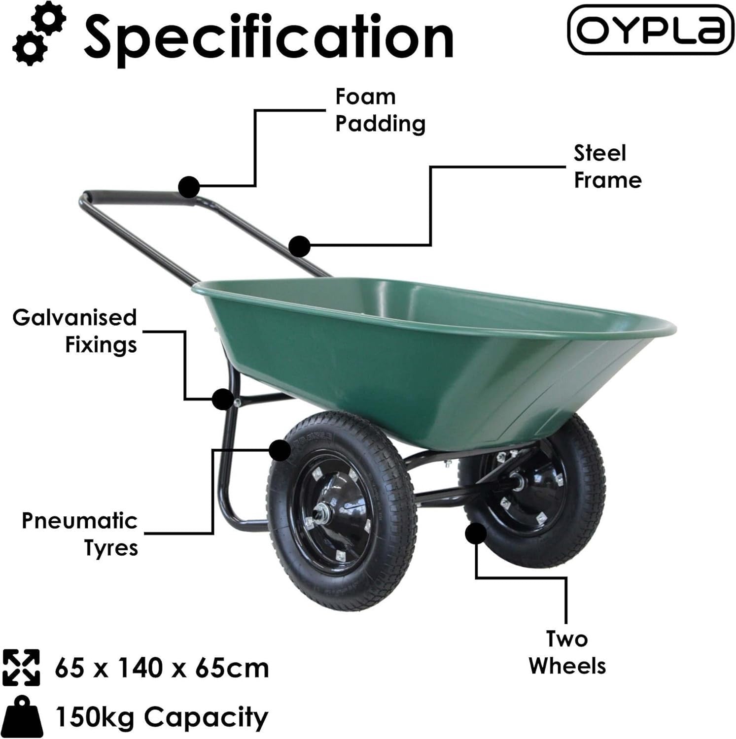 70L 2-Wheel Wheelbarrow Green – Pneumatic Tyres Heavy Duty w/ Steel Frame 150kg