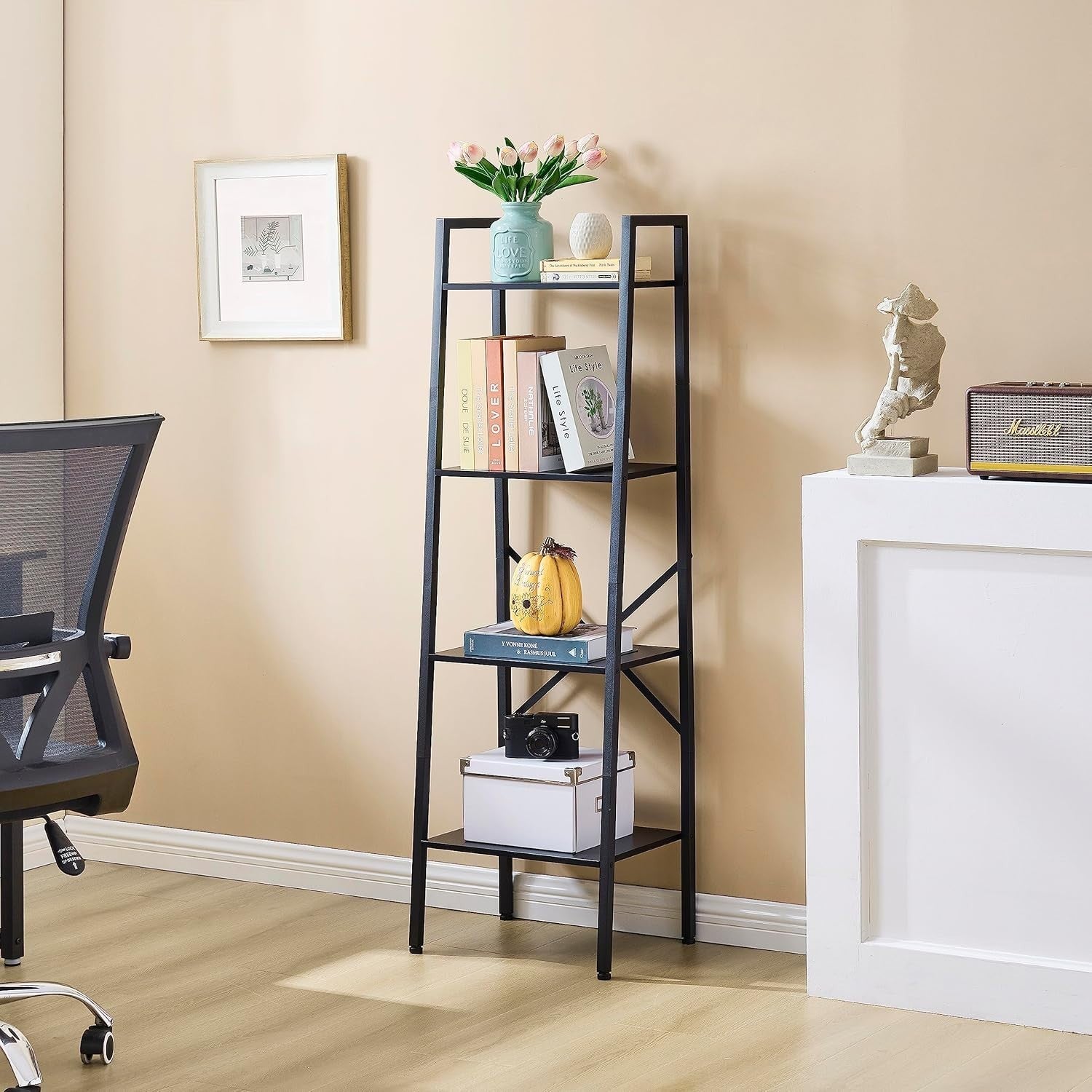 Industrial Ladder Bookshelf 4 Tier Tall Narrow Storage Shelf Metal Frame
