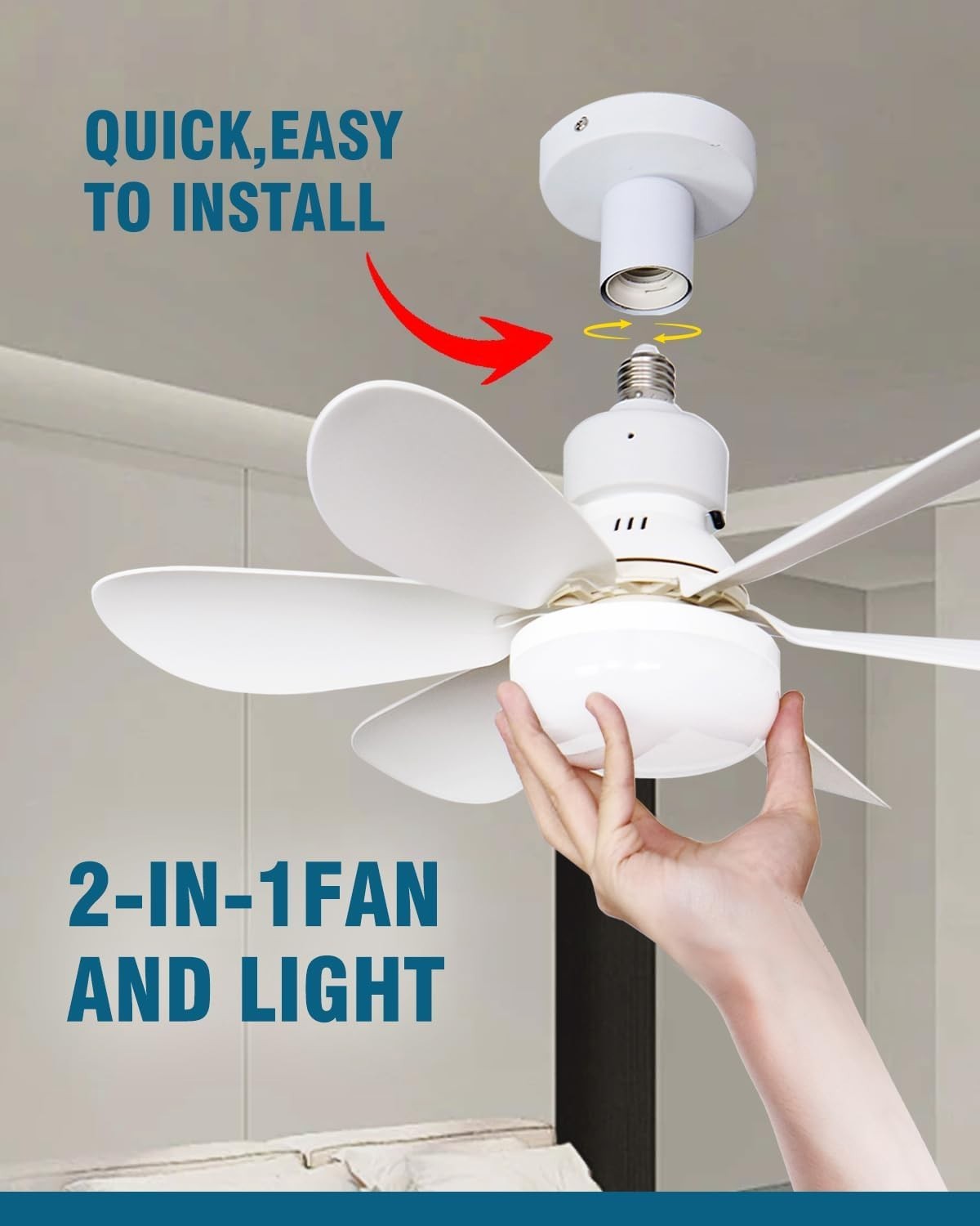 Screw-in Ceiling Fan Light, E27 LED, 3 Speeds, 3 Colors, Remote, Quiet