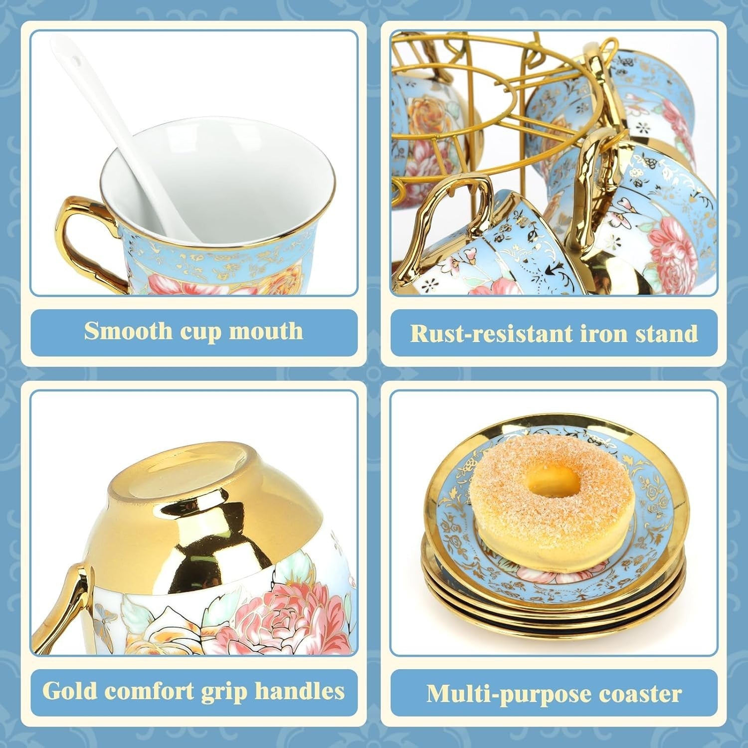 20Pc Porcelain Tea Set Blue Gold Floral Cups Saucers Teapot Stand Gift