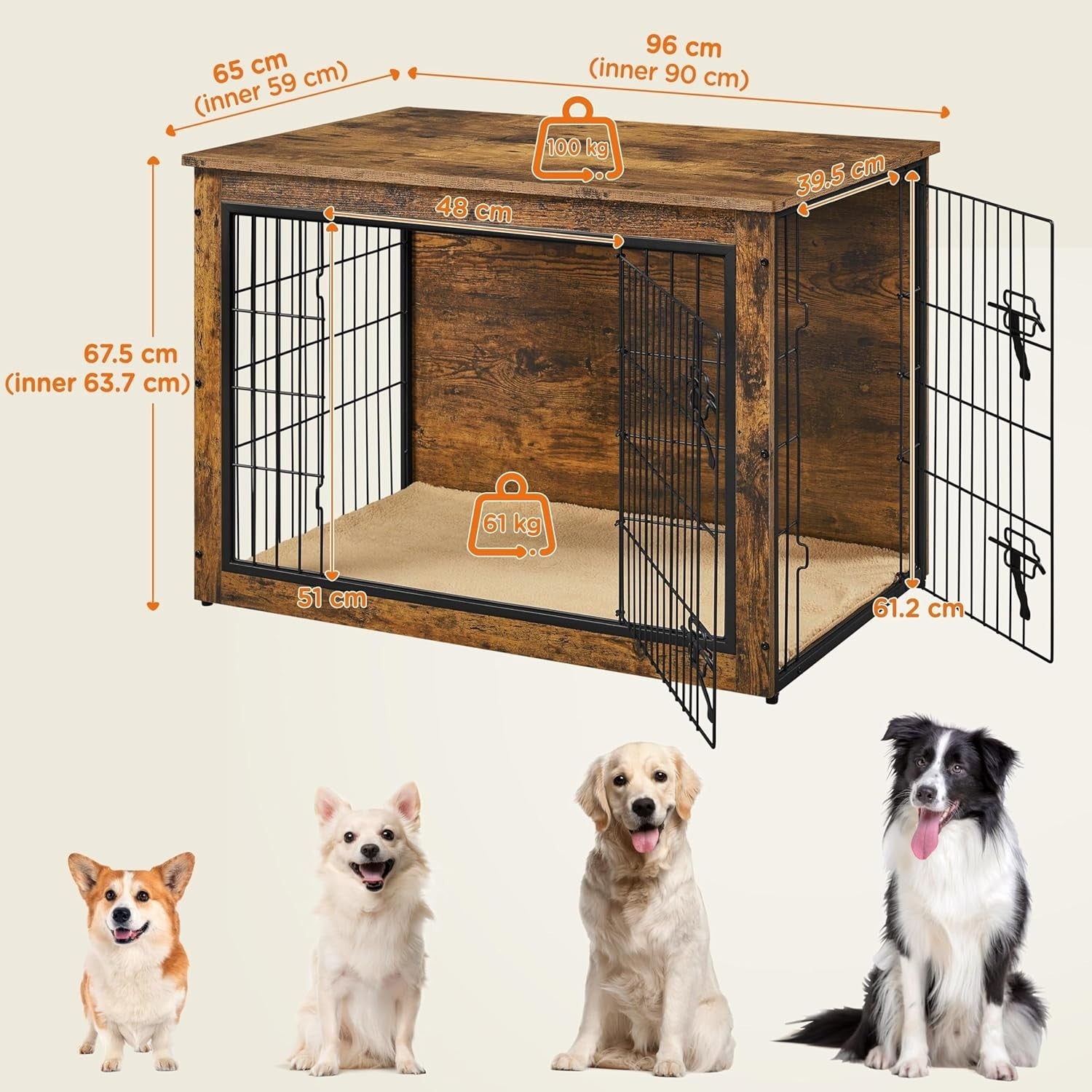 Rustic Brown Medium Dog Crate Furniture with Cushion & Double Doors 96x65x67.5cm