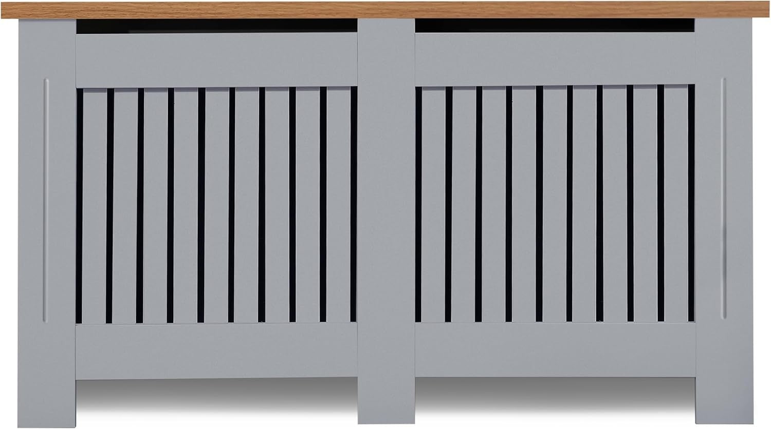 Radiator Cover Large Grey Oak Modern MDF Slatted Cabinet With Shelf 152cm