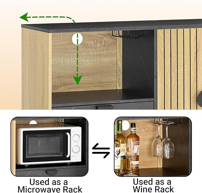 Modern Oak Black Sideboard Cabinet with Wine Rack & Storage 107x40x85cm