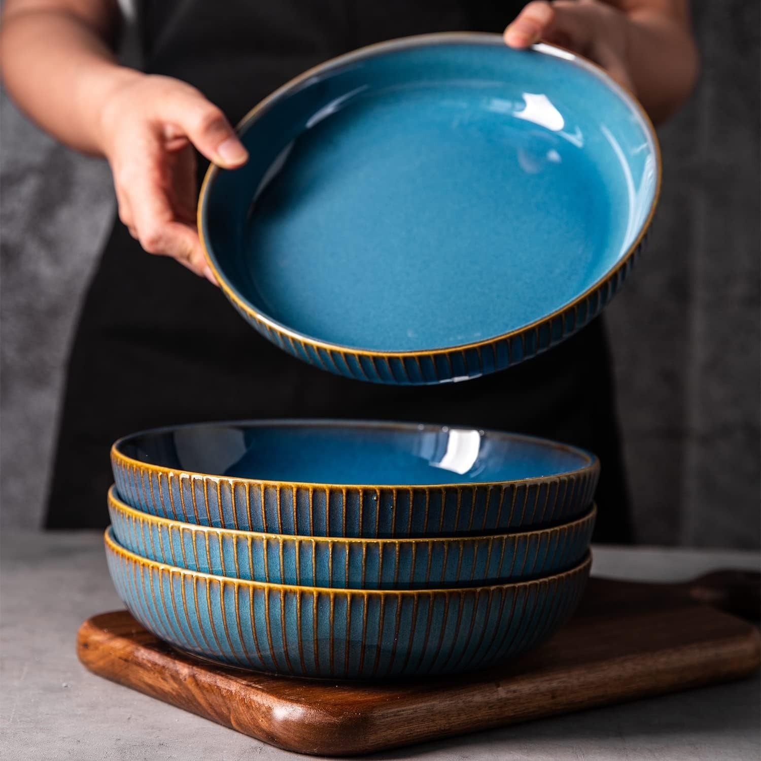 4pc Large Pasta Bowls 21cm Deep Porcelain Serving Bowls Blue Set